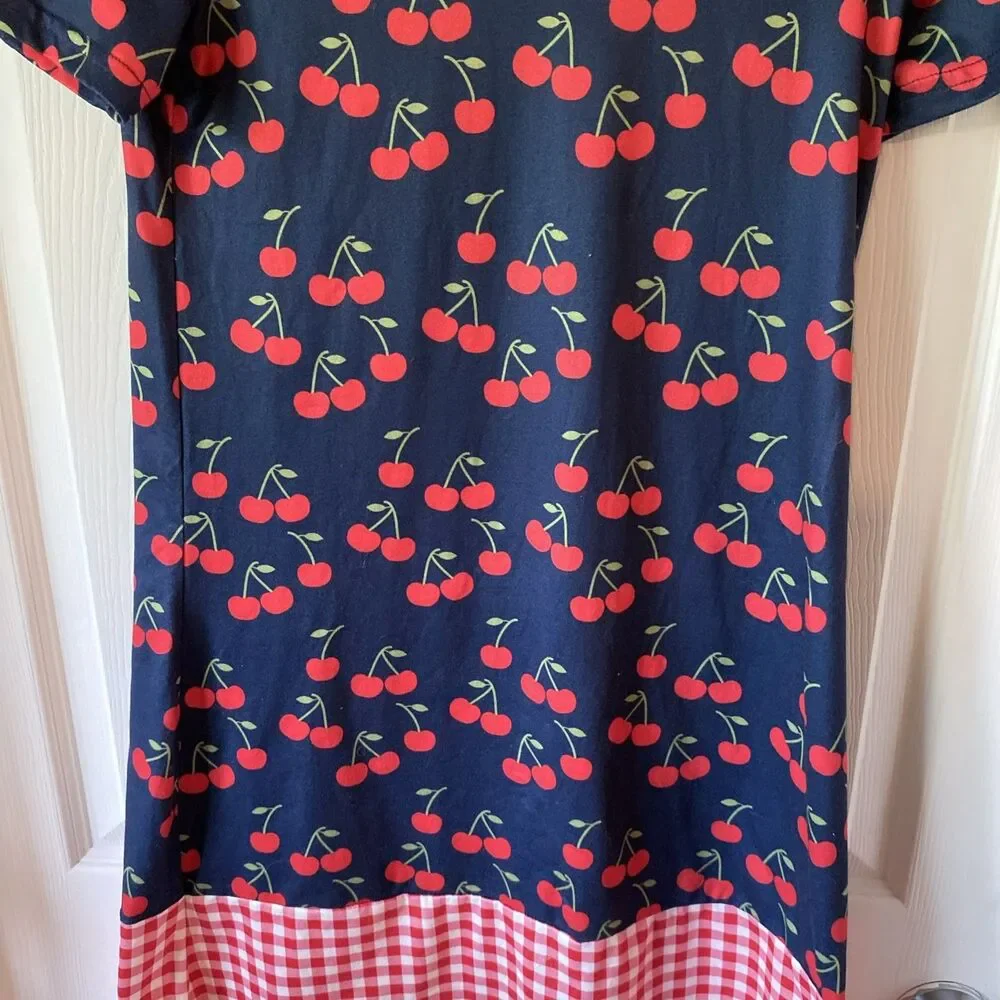 Pete & Lucy Dress Girls Size 10/12 T Shirt Cherries Red Checked Round Neck